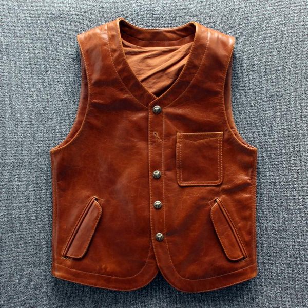 

men's vests vintage genuine japanese vest real cowhide waistcoat safari style slim fit sleeveless leather jackets coat, Black;white