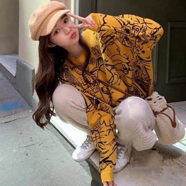 

women's two piece pants design women loose cartoon print o neck pullover + long suit 2021 autumn winter sweater 2 pieces set chic knitt, White