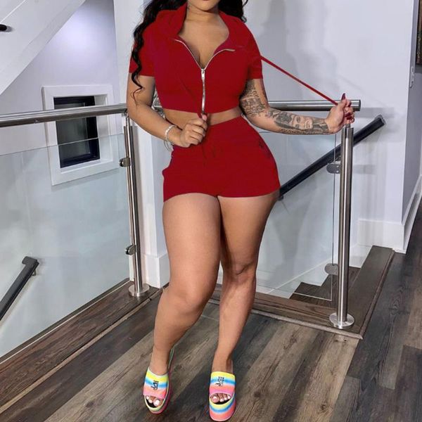 

women's tracksuits zipper hooded crop two piece set pure color summer dresses shorts sets elastic waist short pants women tracksuit, Gray