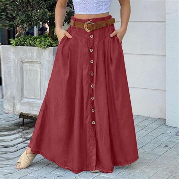 

stylish spring high wasit solid womens skirts long zanzea casual buttons faldas saia elegant party jupe 7, Black