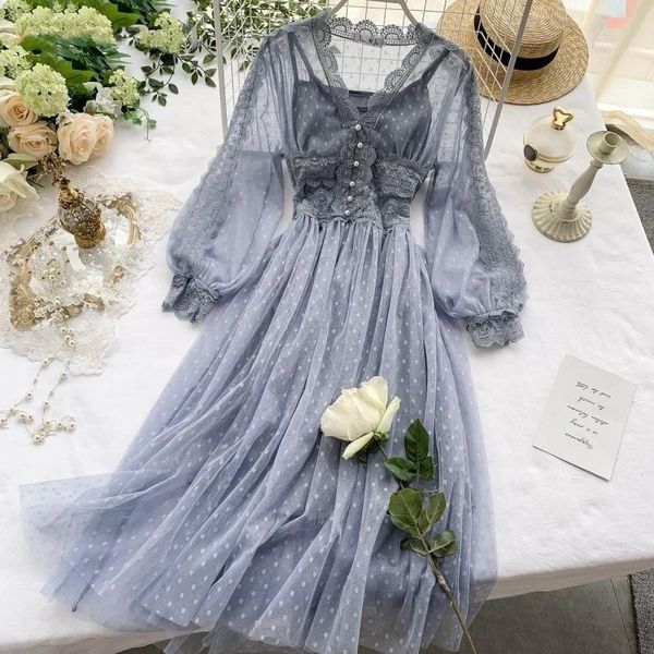 

casual dresses korean chic autumn women long fairy dress v neck bluish grey green pink polka dot mesh elegant gorgeous 2 pcs party, Black;gray