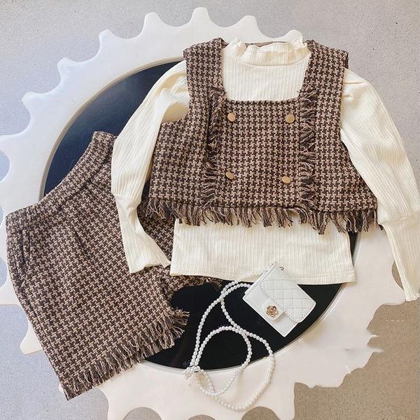 

clothing sets fashion girl autumn clothes set 3pieces children tshirt+plaid vest+shorts kids tracksuit girls outfits costume, White
