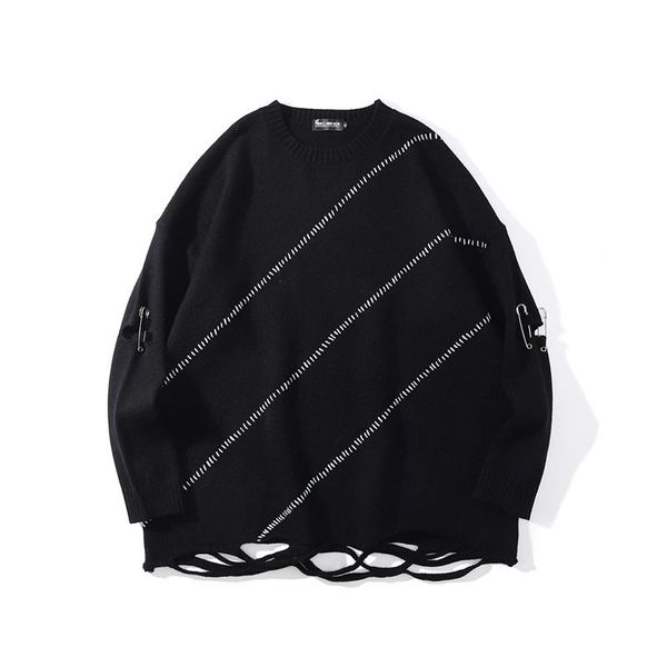 

men's sweaters pullover line striped bottom hole oversize autumn mens o neck high street retro patchwork vibe casual couple sweater, White;black