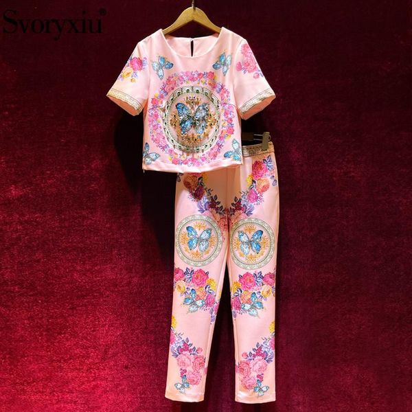 

women's two piece pants svoryxiu designer fashion summer set short sleeve diamond butterfly print pink + suit, White