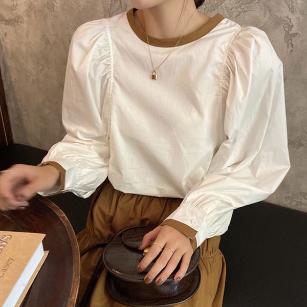 

shirt 2021 spring autumn female blouse hit color shredded neck, White