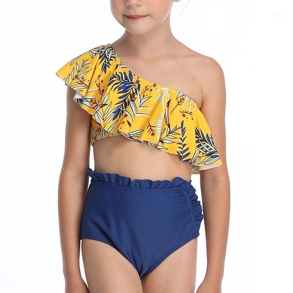 

women's swimwear ruffle one shoulder kids girl's swimsuit two piece high waist bikini sets palm leaf little girl bathing suit, White;black