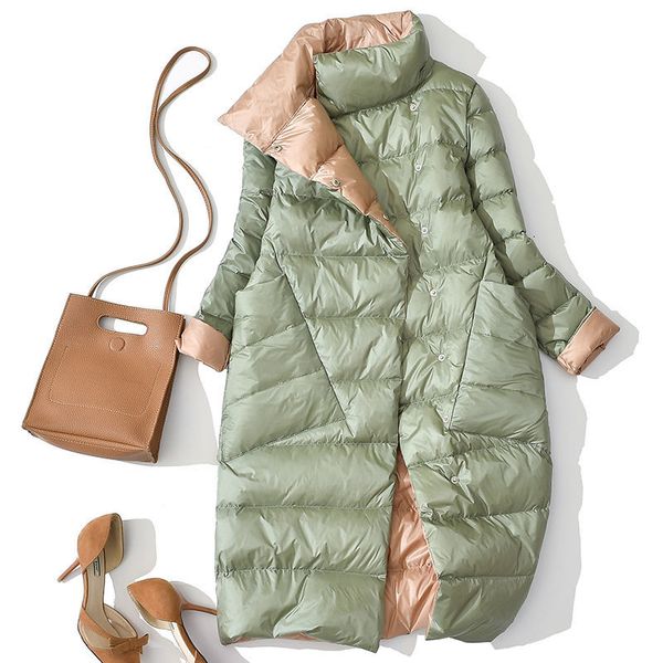 

wonder double sided long jacket winter turtleneck white duck down coat breasted warm parkas snow outwear 210510, Black