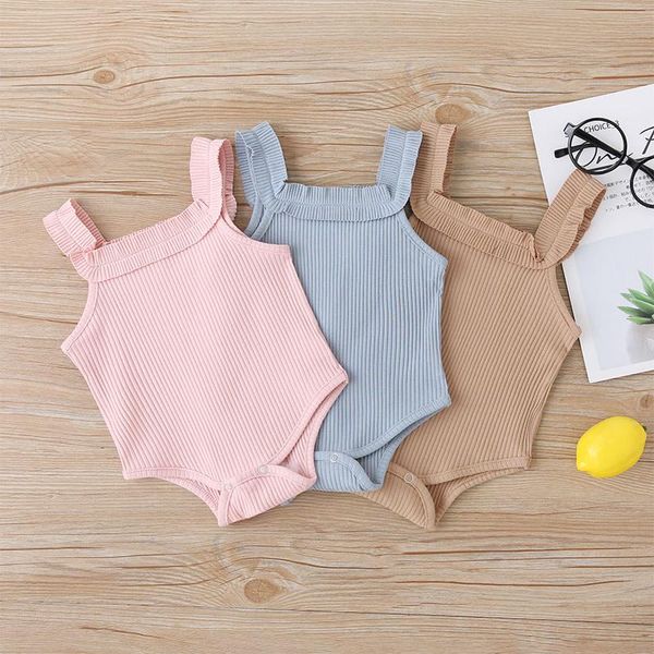 

yoga outfits 2021 baby girls boys bodysuits summer clothing bown sleeveless ribbed ruffled solid jumpsuits playsuits 3m-24m, White;red