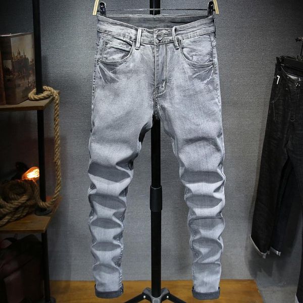 

summer plus size 44 42 men's jeans thin section fashion slim stretch cotton denim smoky gray casual straight-leg trousers, Blue