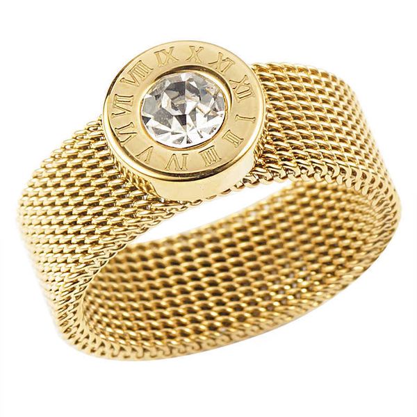 Edelstahl-Goldring, großer runder Kristall-Mesh-Finger, römische Ziffern, für Damen und Herren, Modemarke, Schmuck