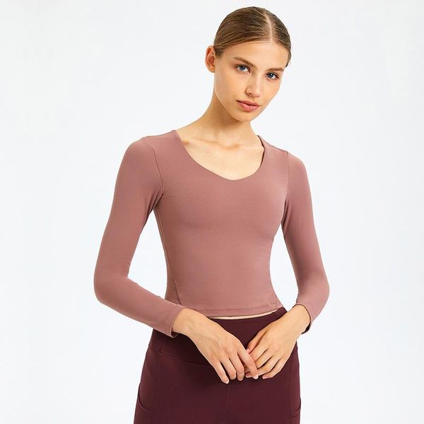 

yoga outfit 2 in 1 built bras cropped fitness sport shirts women slim fit naked feel gym workout long sleeved crop
