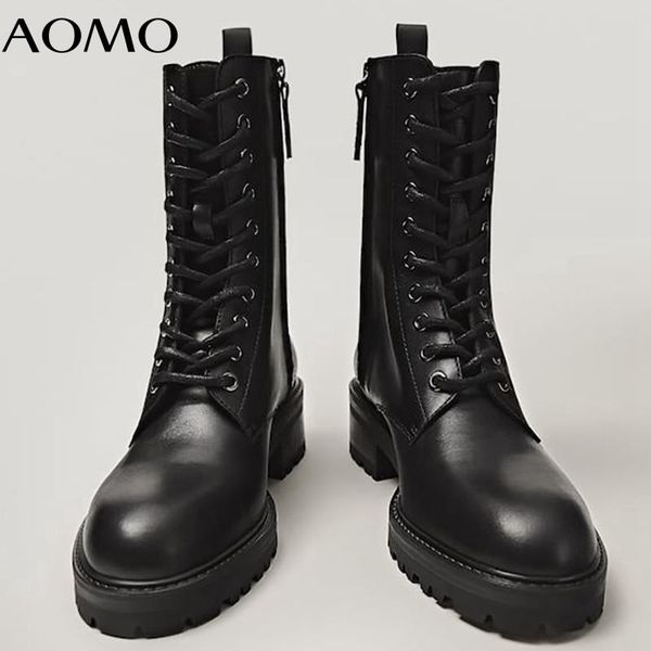 

boots aomo 2021 england vintage fashion cowhide high motorcycle ankle women zippers botas mujer shoes azh26, Black