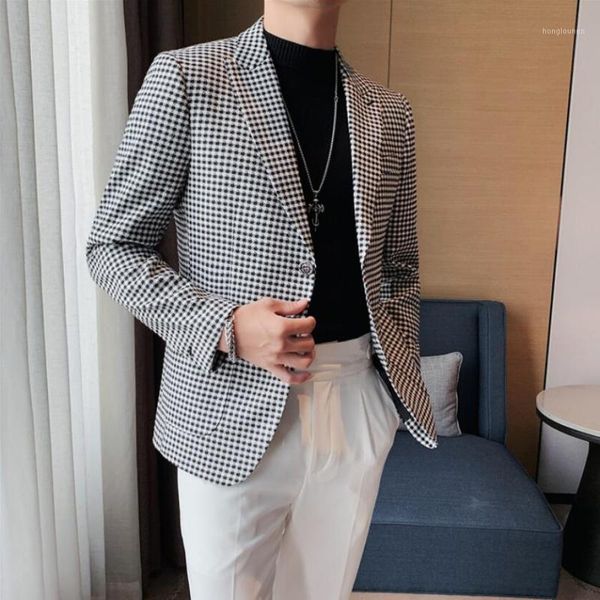 

men's suits & blazers suit fashion british style plaid stitching pattern slim casual men clothing jacket luxury tuxedo, White;black