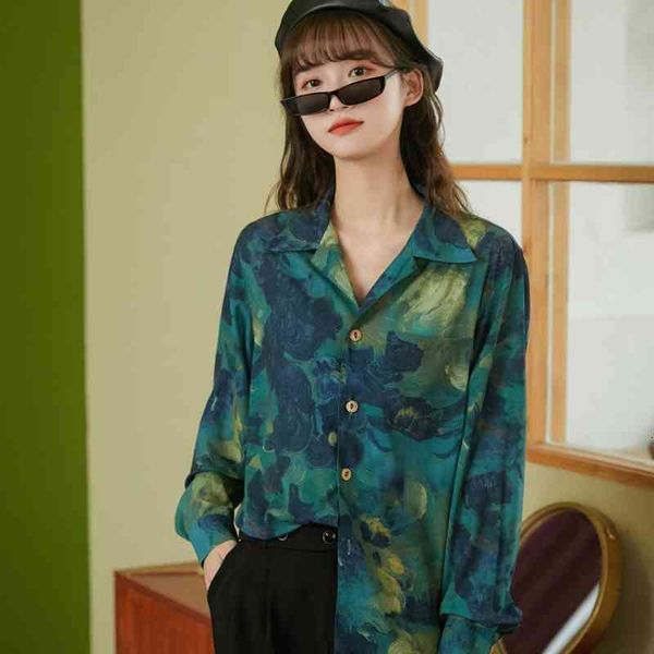 

women's two piece pants oil painting green button up shirt lapel long sleeve blouse floral print loose autumn clothes women rh, White