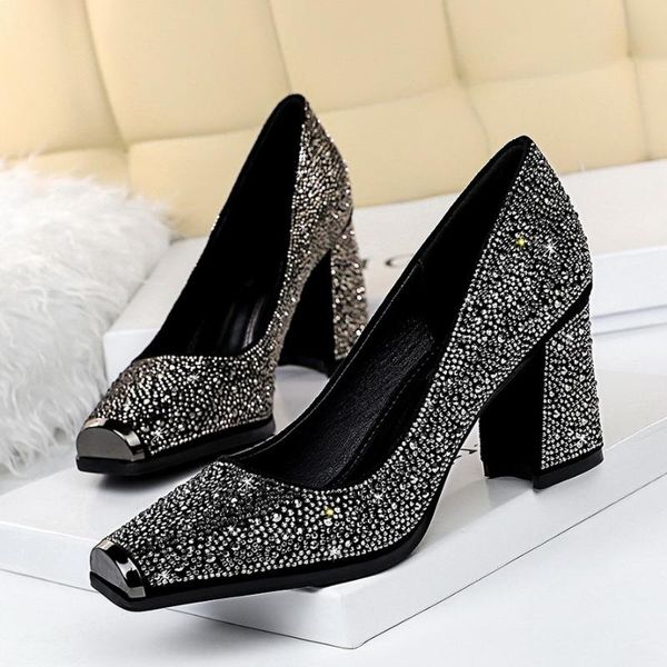 

dress shoes 6862-5 banquet high heels thick shallow mouth metal square head shining rhinestone women's single, Black