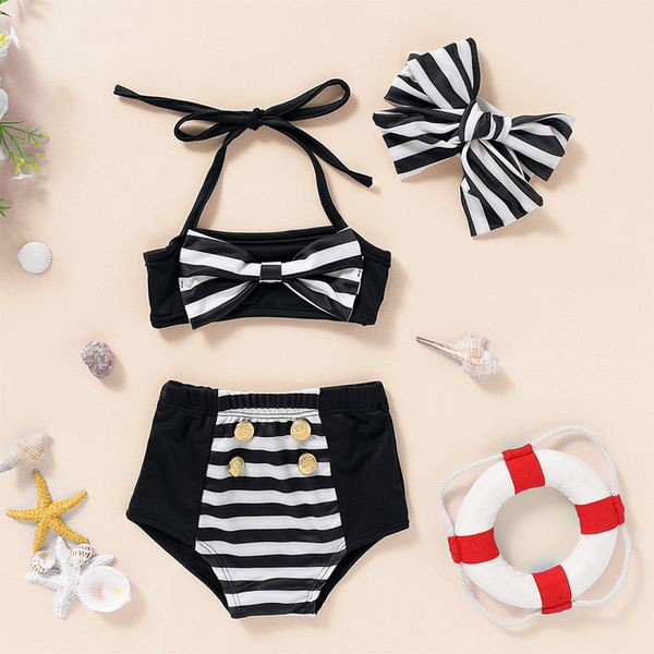 

bikini summer swimsuit baby set with black stripe suspender, Black;white
