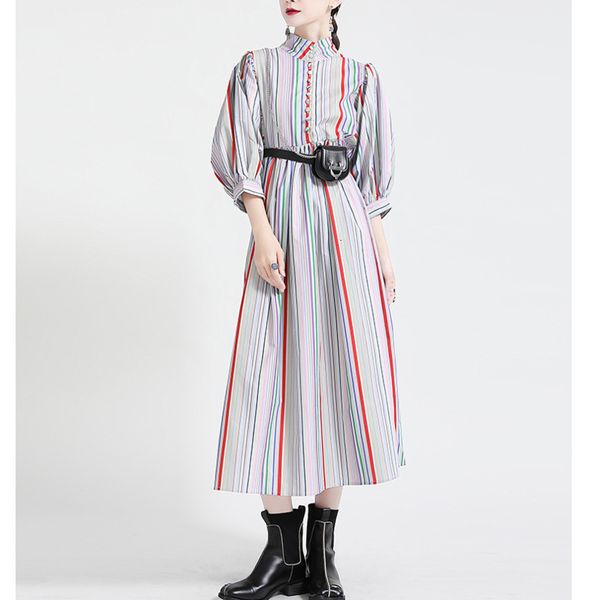 

women's knits & tees spring rainbow stripe puff sleeve woman dress retro high waist loose casual long round collar street pleated, White