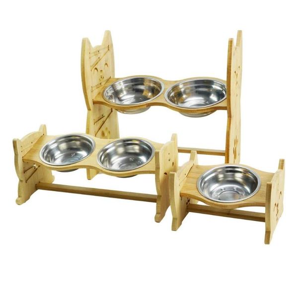 

bamboo pet bowl adjustable convenient feeder with bracket cat bowls & feeders