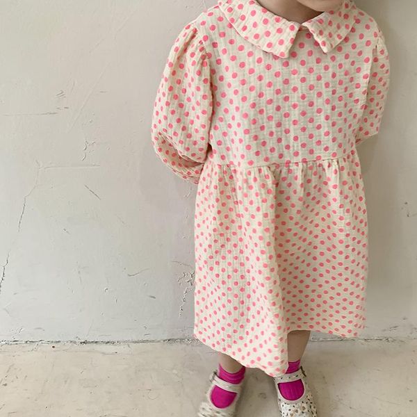 

girl's dresses girls' clothing spring and autumn long-sleeved lapel dress for girl polka dot doll collar princess 2021 girls outfi, Red;yellow