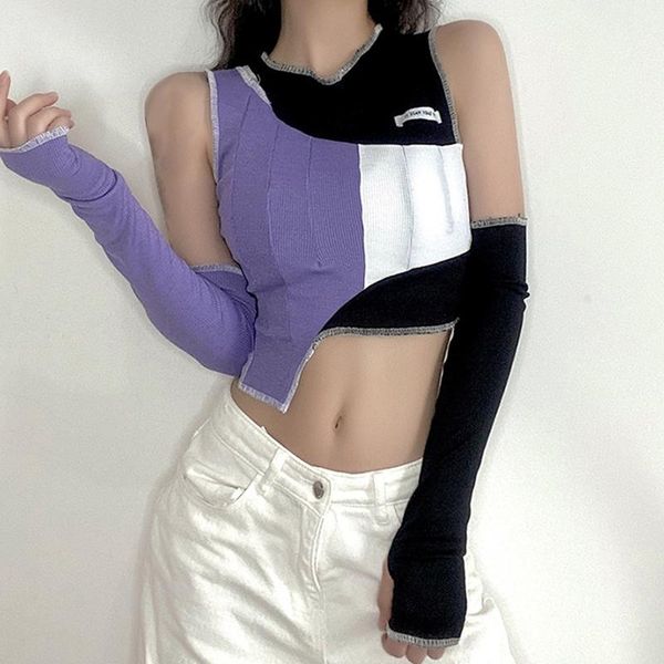 

women's t-shirt fashion contrast color round neck irregular slim purple, White