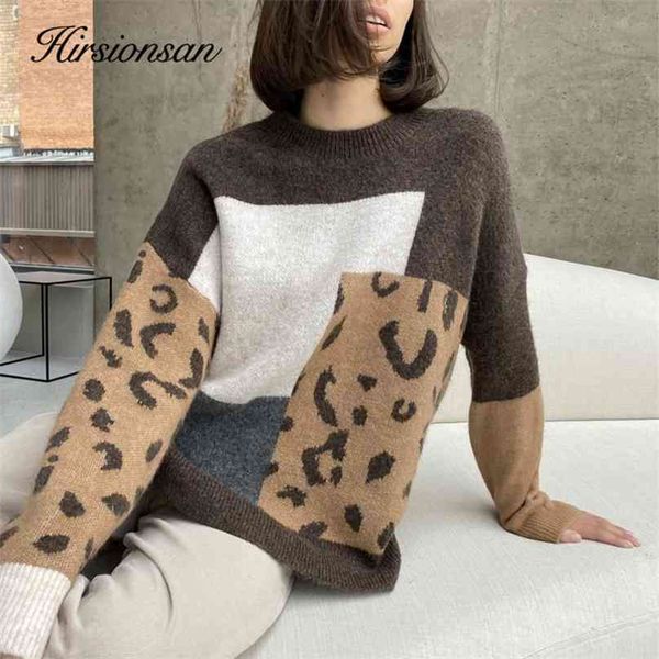 

hirsionsan leopard patchwork cashmere sweater women loose casual knitted pullovers autumn soft knitwear female retro jumper 210918, White;black