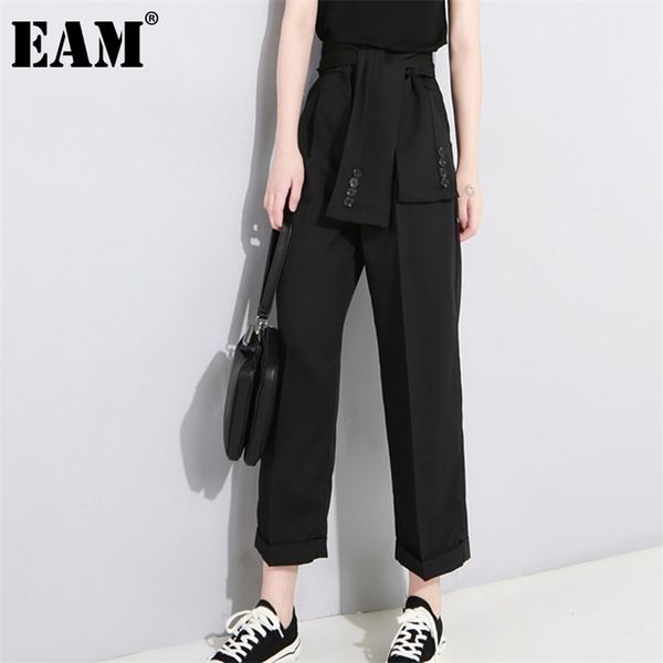 

[eam] spring high waist lace up black slim temperament trend fashion women's wild casual wide leg pants la2 211124, Black;white