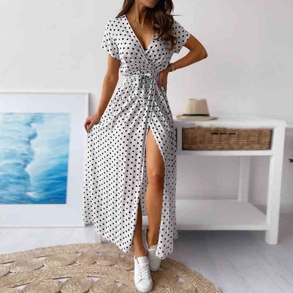 

casual dresses summer polka dot wrap split long women v neck elegant a-line party printed short sleeve femlae vestidos 7r5x, Black;gray