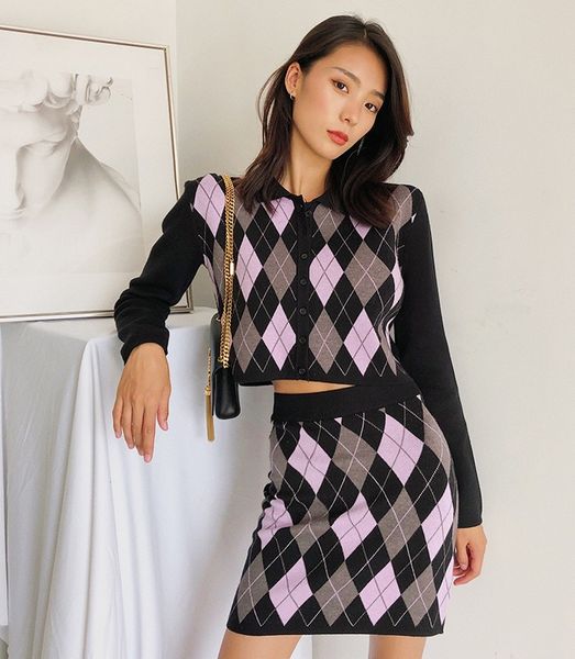

autumn winter elegant knitted 2 pieces sets single breasted long sleeve diamond pattern + high waist mini skirt su 210514, White
