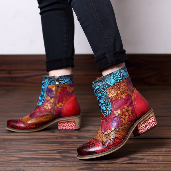 

export large casual ethnic women's lace up printed dark denim boots, Black