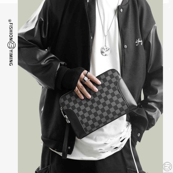 

bags handbag 2021 men's check code lock hand bag net red anti-theft large capacity letter packet batch, Black;red