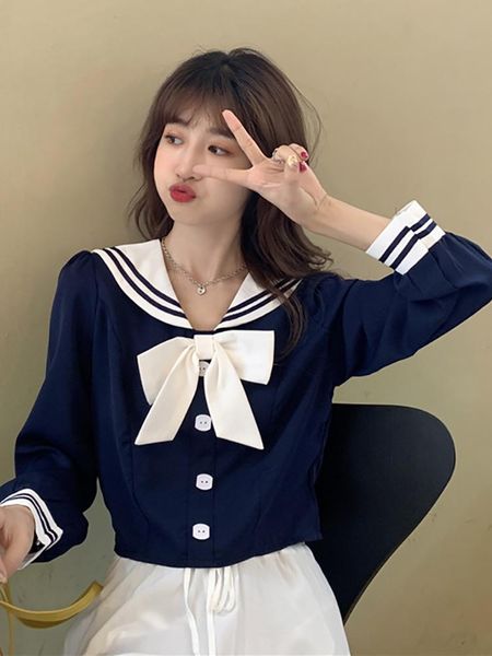

women's t-shirt autumn 2021 college style navy collar foreign young age bow slim fit long sleeve shirt women, White