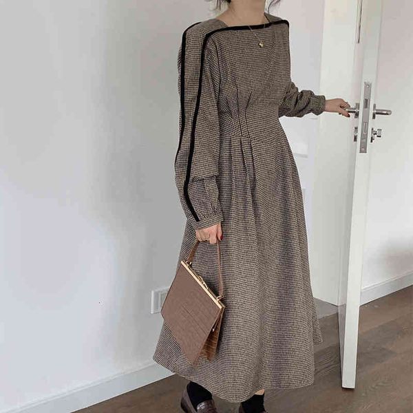

dress chic neck of the high-waisted female clothe 2021 french women retro dressed chess soft stylish party slash, Black;gray