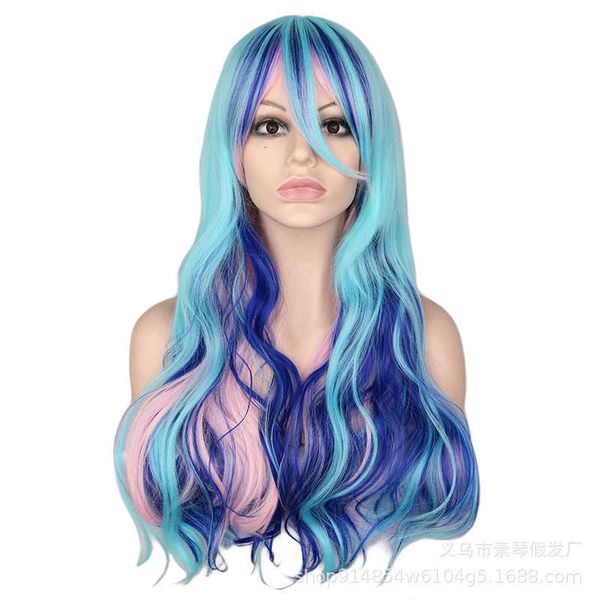 

harajuku daily / lolita long curly hair color blue mixed pink cos wig, Black