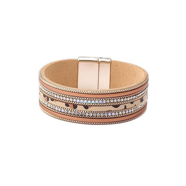 

beaded, strands diamond inlaid high grade jewelry personalized versatile women's bracelet leopard print crystal pu leather, Black