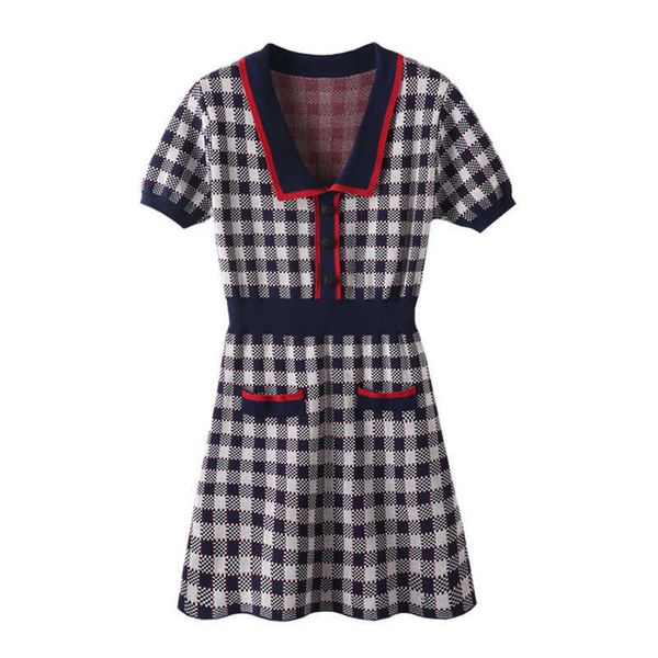 

perhaps u women's blue plaid turn down collar button a-line pocket short sleeve mini dress summer elegant d2595 210529, Black;gray