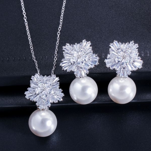 

taobao selling bride pearl pendant korean snowflake pearl zircon necklace earring set, Silver