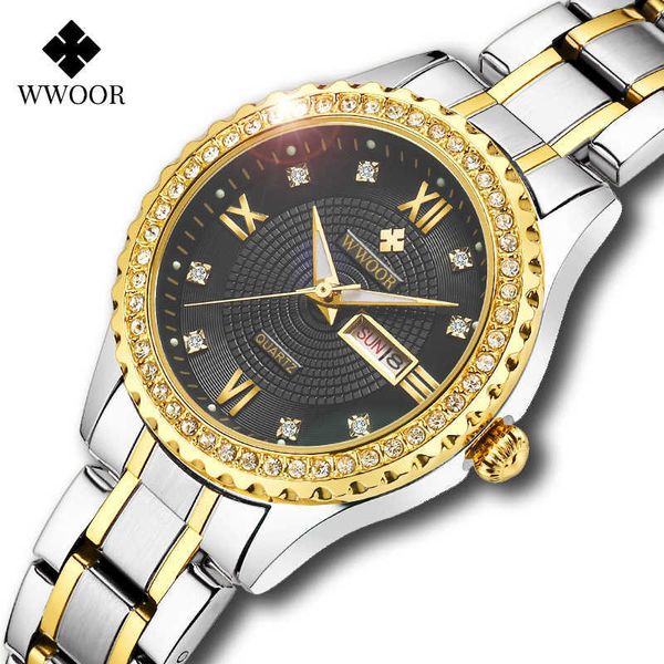 Wwoor Women Watches Marca Luxo Diamante Vestido de Quartzo Ladies Relógio De Pulso Aço Inoxidável Pulseiras Para Relógio De Presente Feminino 210616