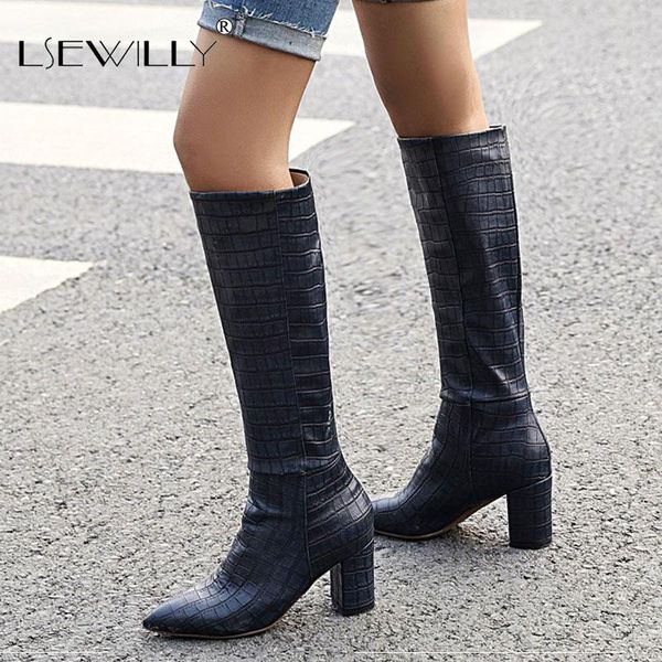 

boots lsewilly elegant girl solid pointed toe knee high heels women brand classic party shoes woman for 2021 winter, Black