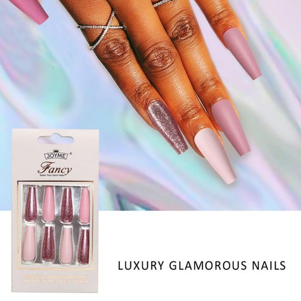 

false nails 30pcs/set nail art tip colorful beauty detachable french matte fake coffin ballerina super long, Red;gold