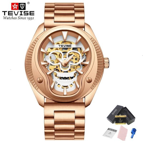 

watches man tevise t853 skeleton automatic mechanical 22mm band strong luminous gold black hollow, Slivery;brown