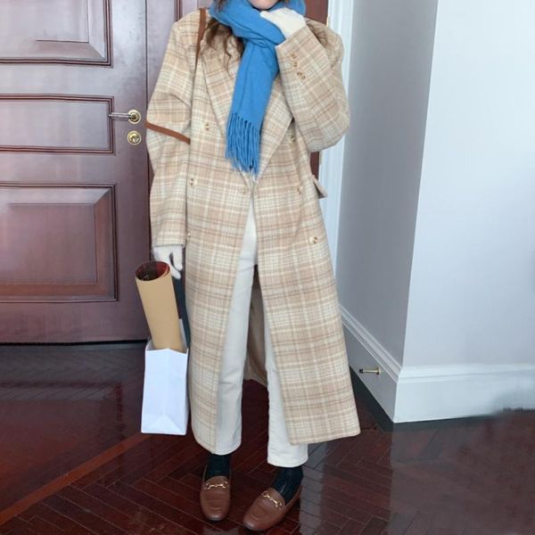 

women's wool & blends women winter plaid long blended coat double breasted elegant woolen overcoat female quilted coats cozy outerwear, Black