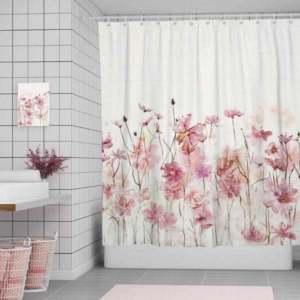 

shower curtains fabric curtain pink flowers bathroom with hook and loop waterproof spring home decoration