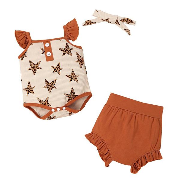 

girls infant clothes sleeveless romper + shorts headband five-pointed star pattern ruffle decoration born clothing set sets, White