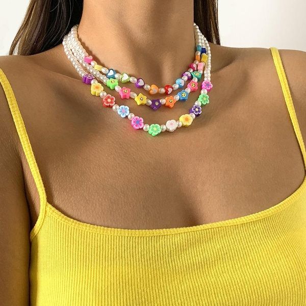 

chokers imitation pearl necklace for women colorful acrylic heart choker sweet cute girls flower clavicle chain collar de mujer, Golden;silver