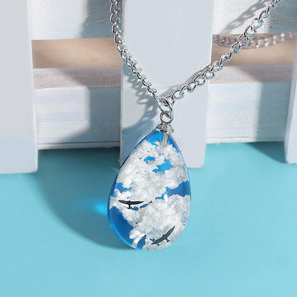 

transparent resin nature blue sky white cloud eagle necklaces water drop shaped pendant necklace choker women bohemia jewelry, Silver