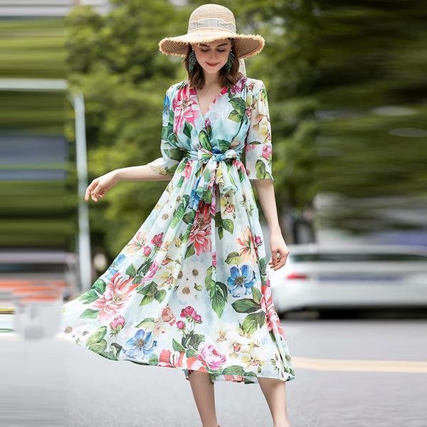 

casual dresses summer vacation long dress 2021 half sleeve chiffon rose printed women's 200615ul04, Black;gray