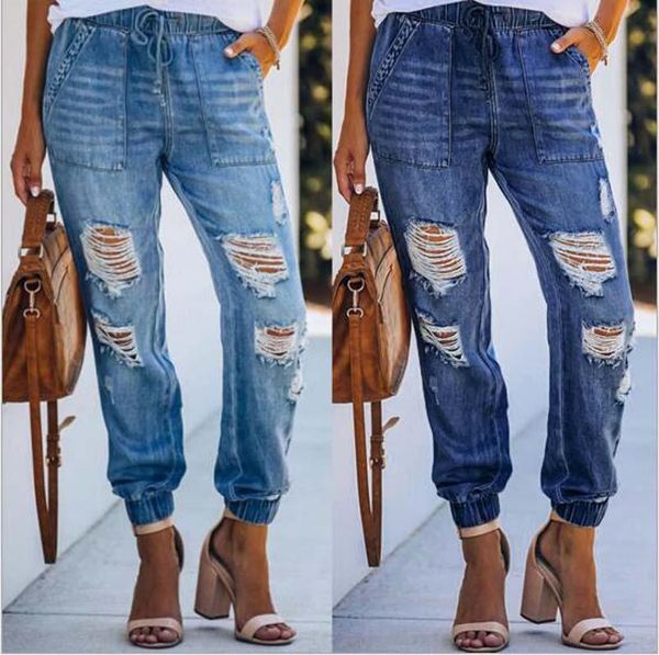 

women's jeans fashion ripped casual cotton denim trousers full length pants streetwear slim harem, Blue