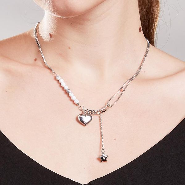 

chains romantic titanium steel star heart-shaped pendant natural red jasper round bead necklace fashion exquisite banque jewelry, Silver