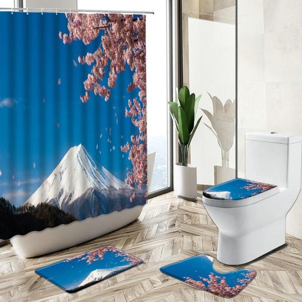 

shower curtains japanese cherry blossom mount fuji scenery curtain romantic flower natural landscape home rug toilet cover bath mat set