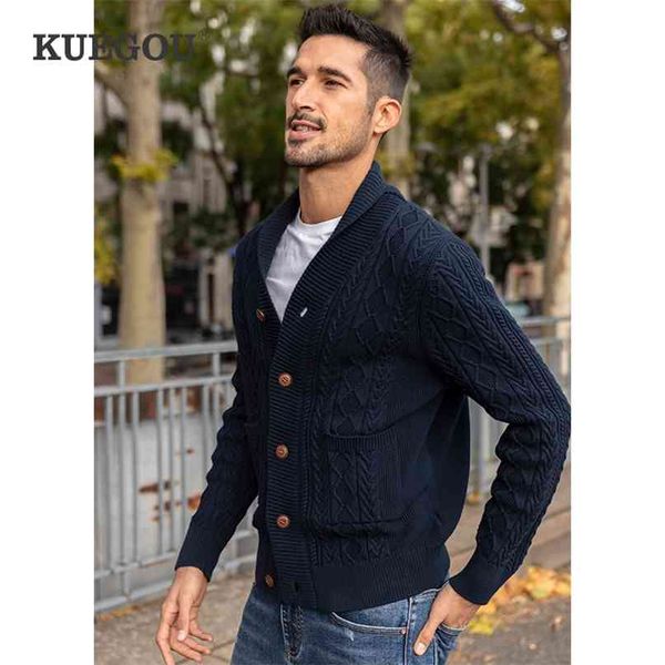 

kuegou 100% cotton autumn clothing shawl collar men sweater thick coat streetwear fashion knitted retro outwear 2201 210918, White;black